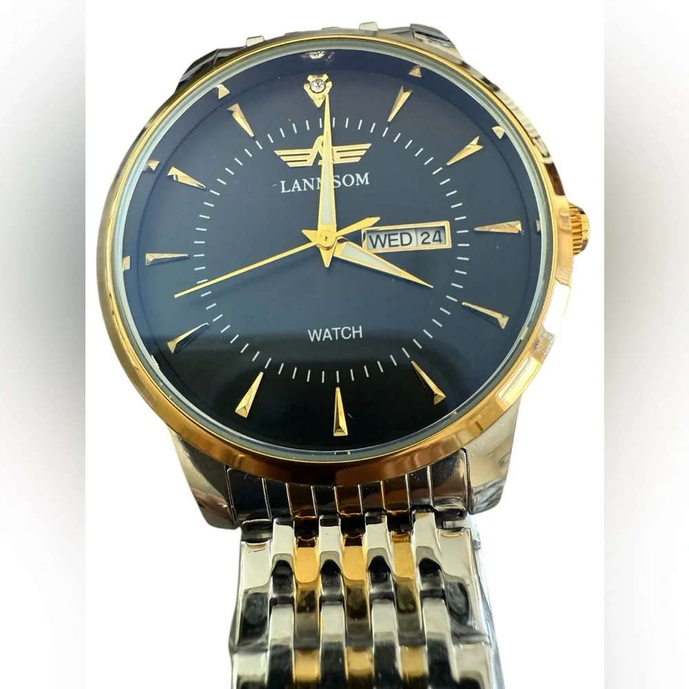 Lanmson Men’s waterproof watch steel, silver and gold tones with a black face